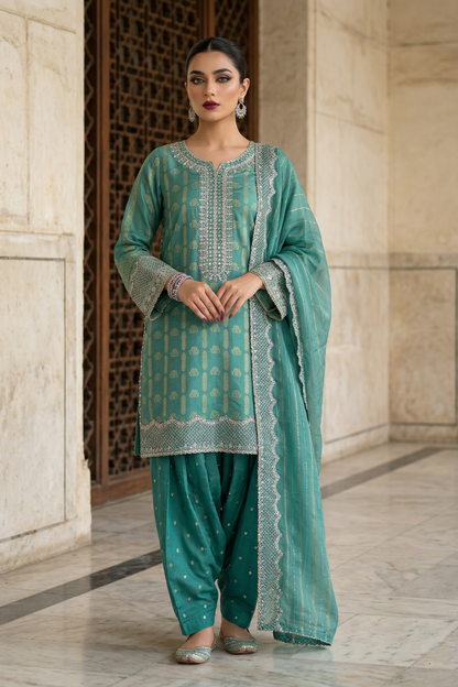Aquamarine Embroidered Jacquard Farshi Shalwar Suit Online in Dubai UAE Abudhabi Ajman Sharjah