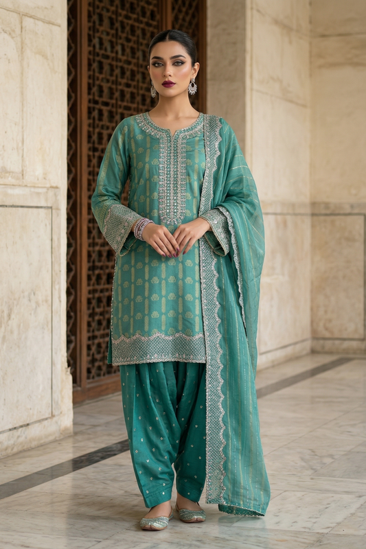 Aquamarine Embroidered Jacquard Farshi Shalwar Suit Online in Dubai UAE Abudhabi Ajman Sharjah