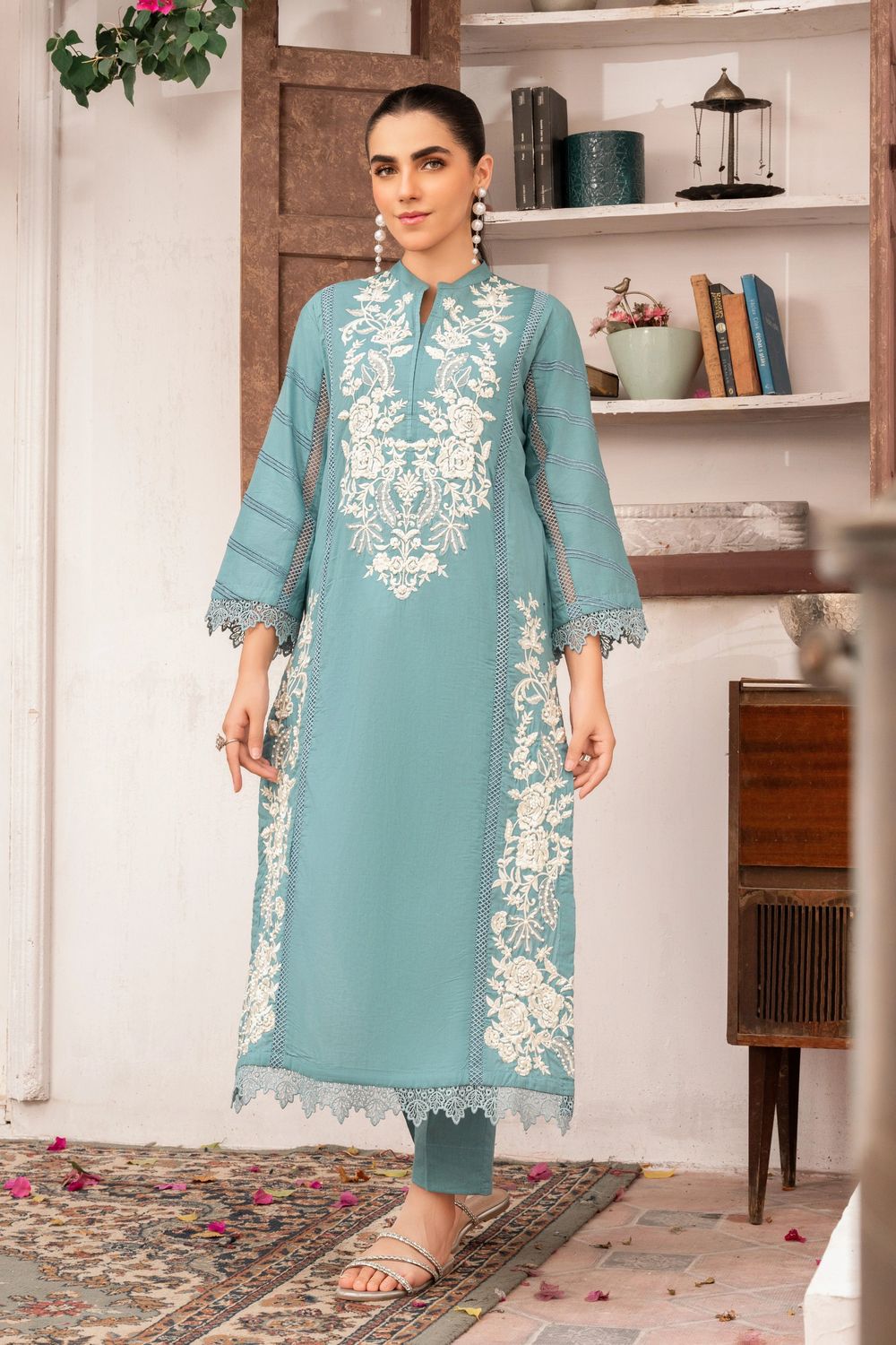 Aquamarine Embroidered Khaddar Kurta Set Online in Dubai UAE Abudhabi Ajman Sharjah