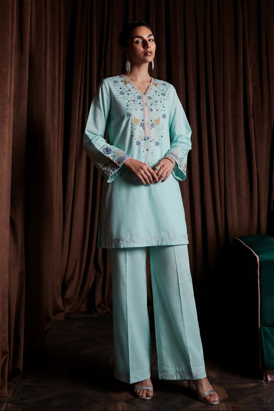 Aquamarine Embroidered Lawn Kurta Set Online in Dubai UAE Abudhabi Ajman Sharjah