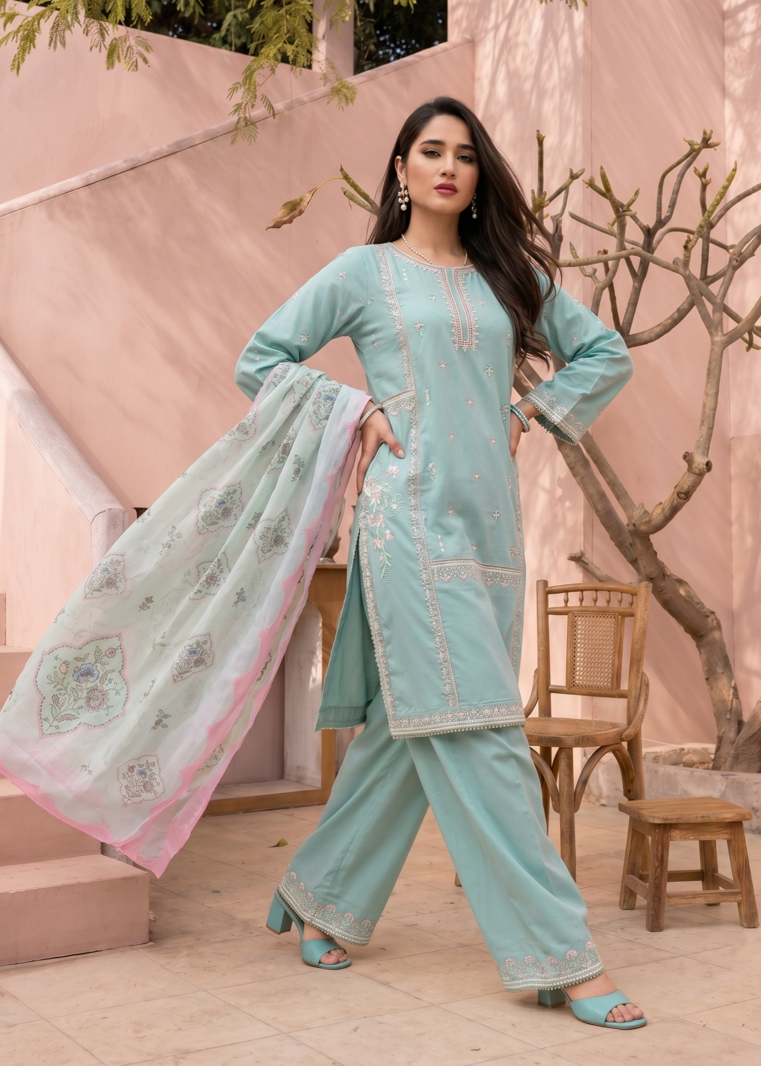 Aquamarine Embroidered Lawn Party Wear Suit Online in Dubai UAE Abudhabi Ajman Sharjah
