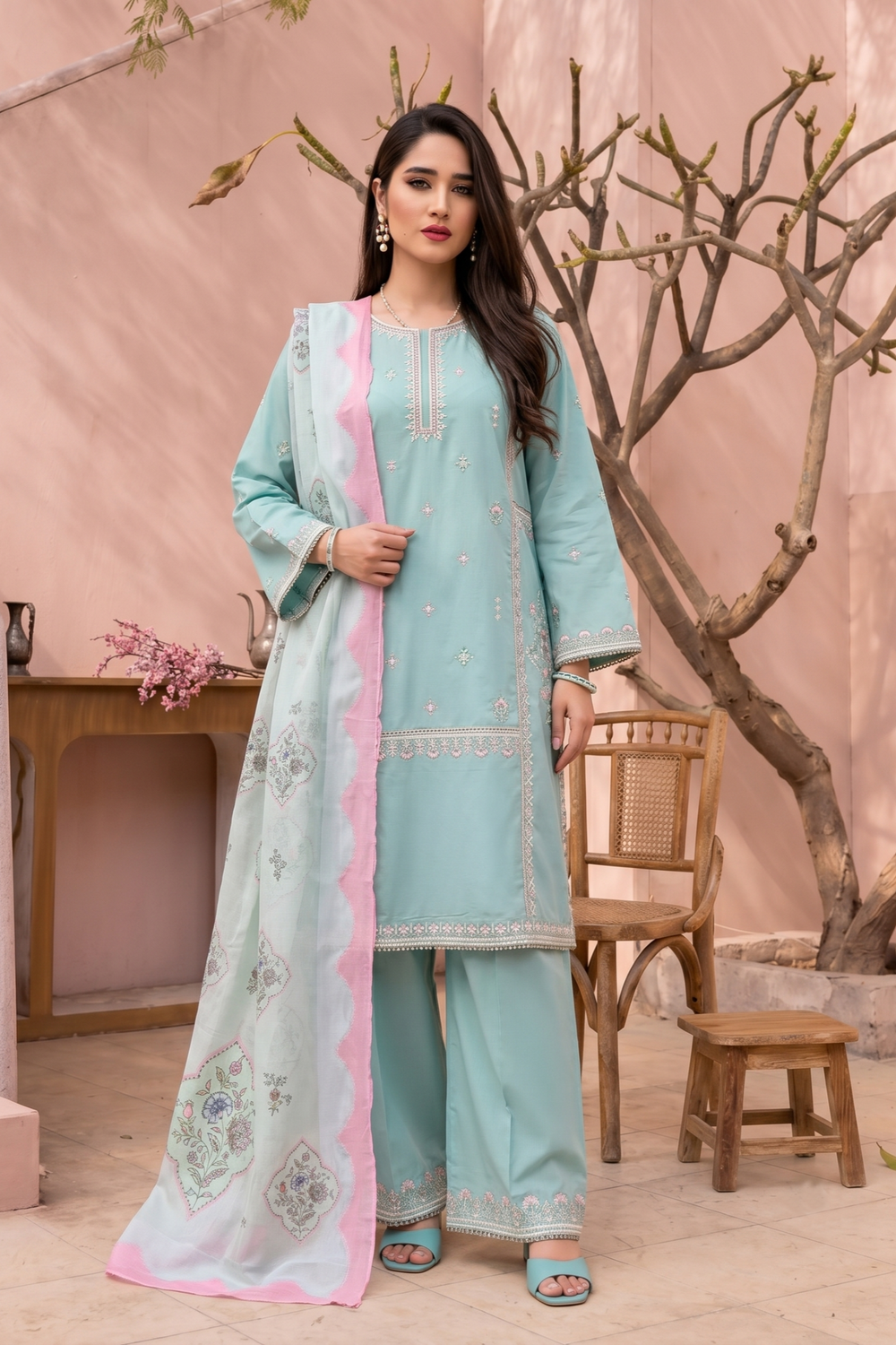 Aquamarine Embroidered Lawn Partywear Suit Online in Dubai UAE Abudhabi Ajman Sharjah