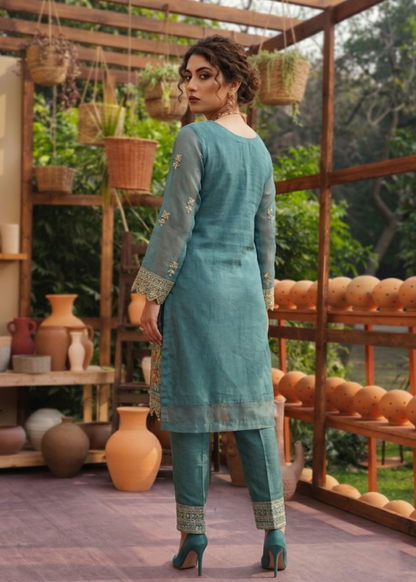Aquamarine Embroidered Organza 3 Piece Suit Online in Dubai DXB UAE Abudhabi Meena Bazaar