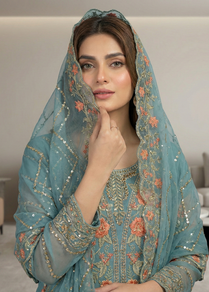 Aquamarine Embroidered Organza Dress Material Online in Sri Lanka India Australia