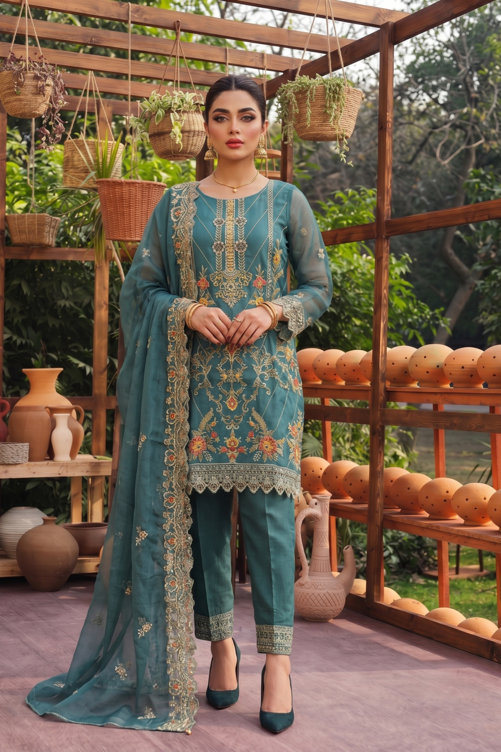 Aquamarine Embroidered Organza Festive Salwar Kameez Online in Dubai UAE Abudhabi Ajman Sharjah