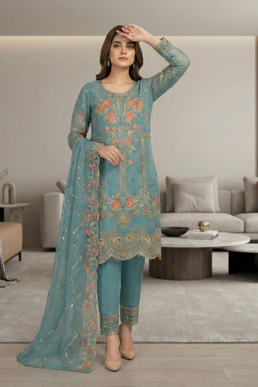 Aquamarine Embroidered Organza Festive Suit Online in Dubai UAE Abudhabi Ajman Sharjah