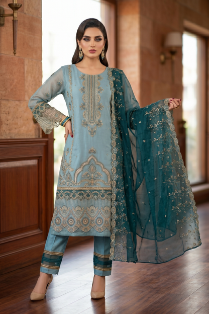 Aquamarine Embroidered Organza Festive Suit Online in Dubai UAE Abudhabi Ajman Sharjah