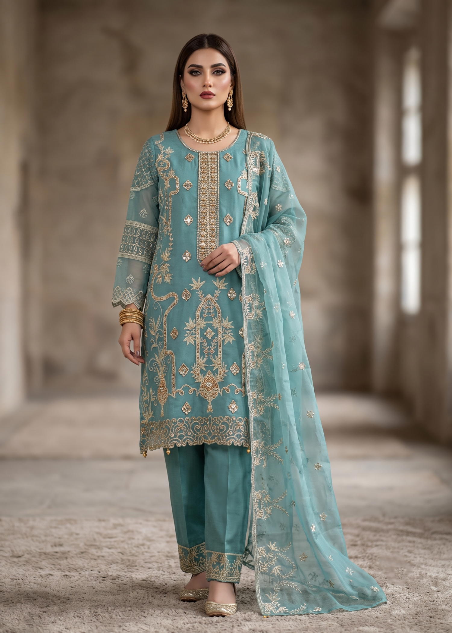 Aquamarine Embroidered Organza Ladies Suit Online in Sri Lanka India Australia