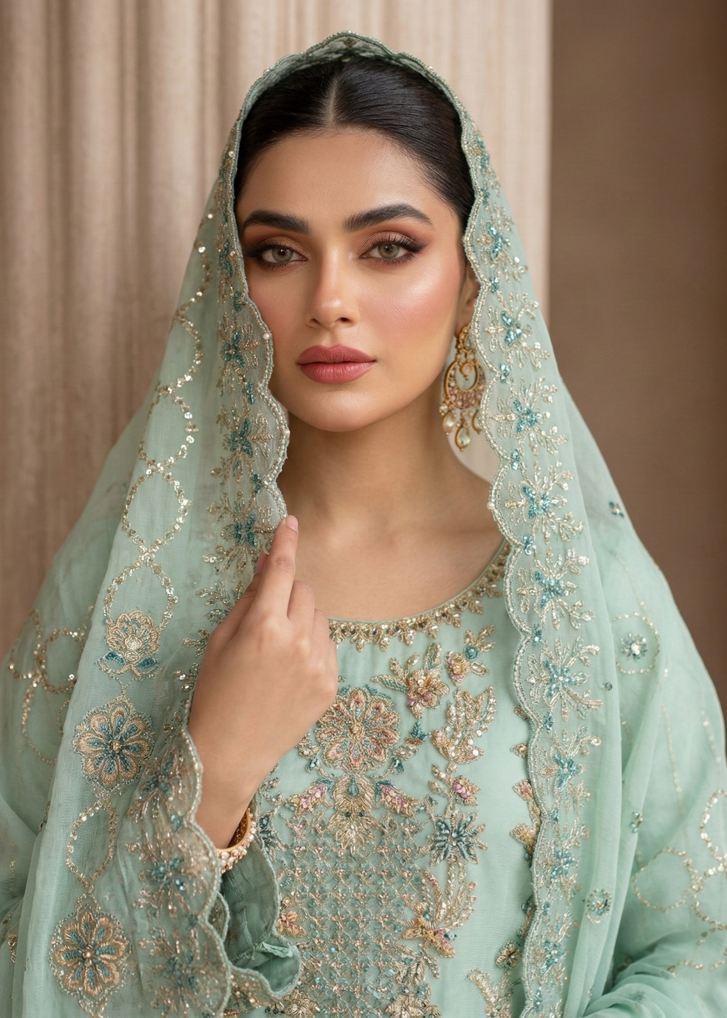 Aquamarine Embroidered Organza Party Suit Online in Dubai UAE Abudhabi Ajman Sharjah