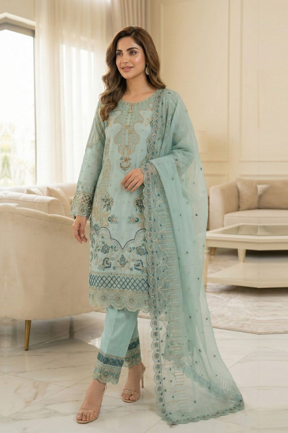 Aquamarine Embroidered Organza Partywear Suit Online in Dubai UAE Abudhabi Ajman Sharjah