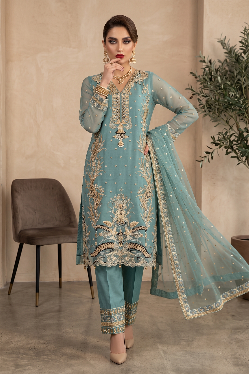Aquamarine Embroidered Organza Partywear Suit Online in Dubai UAE Abudhabi Ajman Sharjah