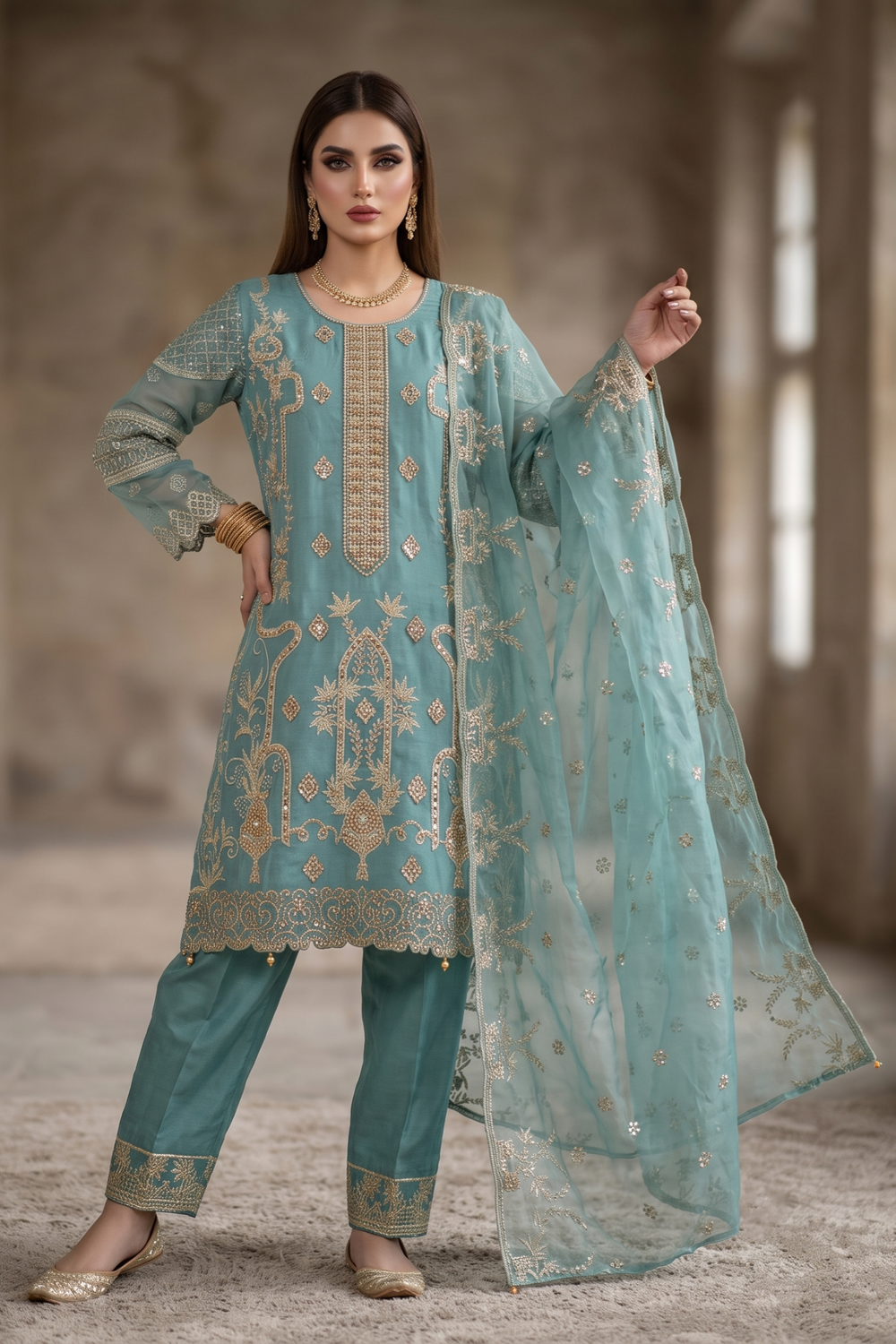 Aquamarine Embroidered Organza Salwar Kameez Online in Dubai UAE Abudhabi Ajman Sharjah