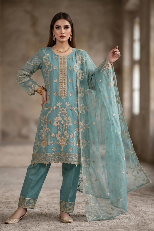 Aquamarine Embroidered Organza Salwar Kameez Online in Dubai UAE Abudhabi Ajman Sharjah