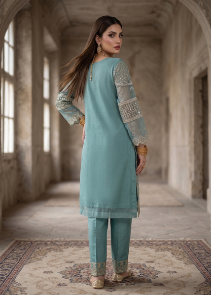 Aquamarine Embroidered Organza Straight Kurta Suit Online in UK USA Canada