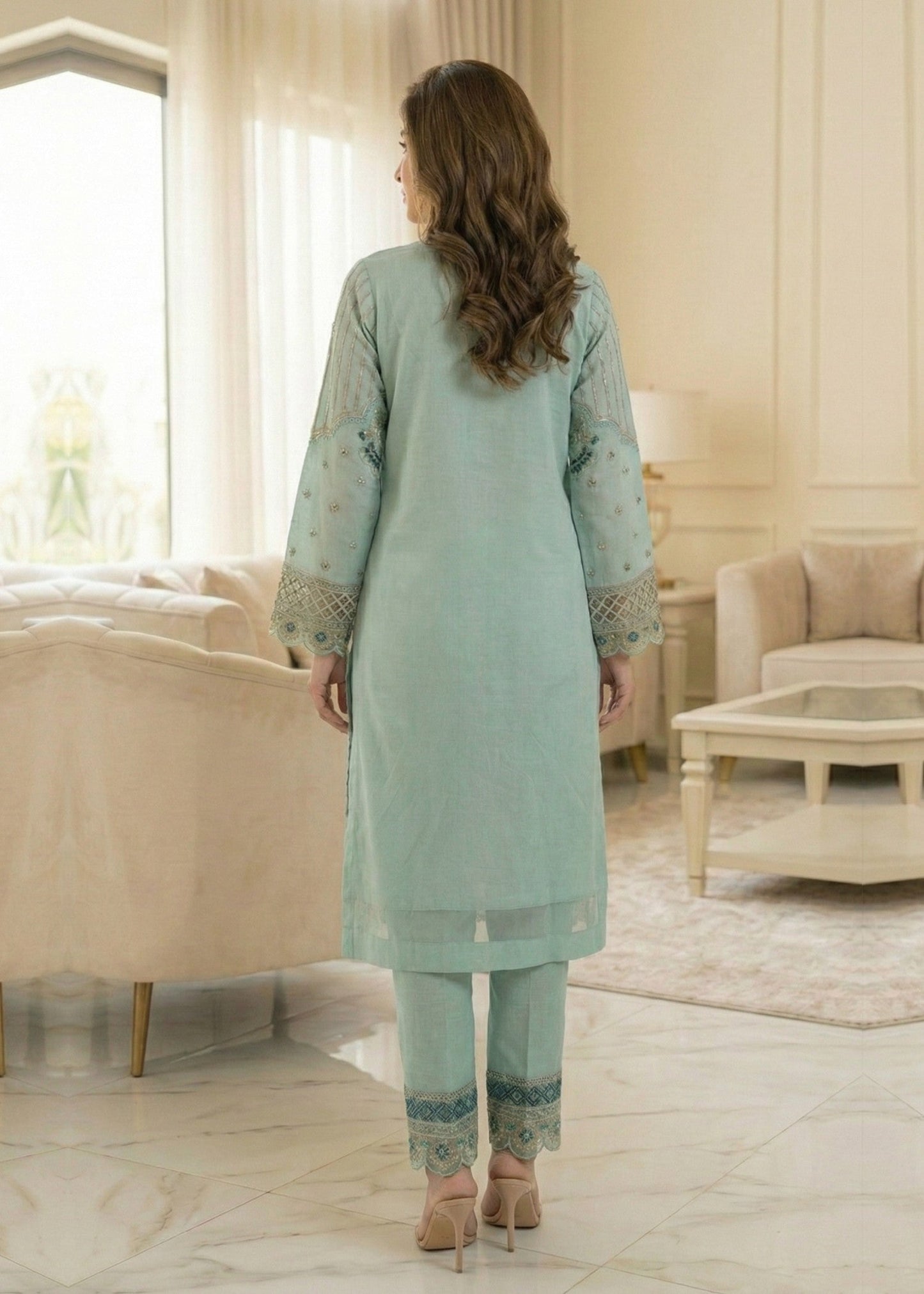 Aquamarine Embroidered Organza Three Piece Suit Online in Dubai DXB UAE Abudhabi Meena Bazaar