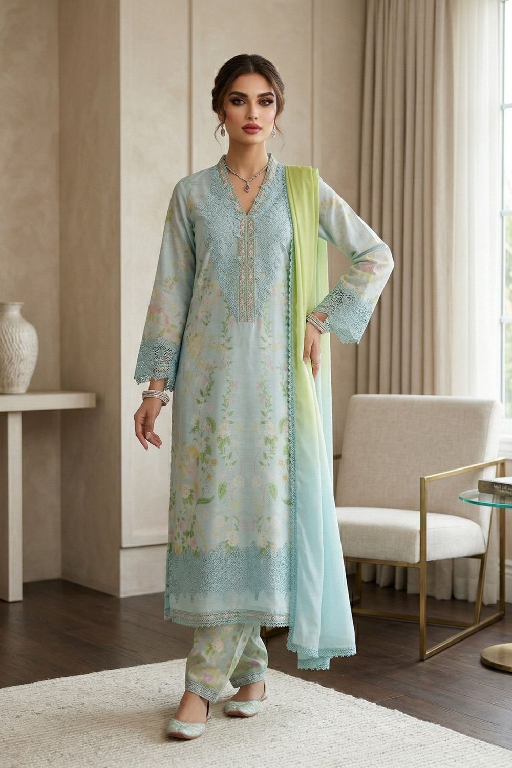 Aquamarine Embroidered Raw Silk Festive Suit Online in Dubai UAE Abudhabi Ajman Sharjah