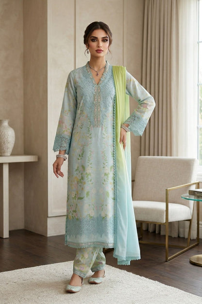 Aquamarine Embroidered Raw Silk Festive Suit Online in Dubai UAE Abudhabi Ajman Sharjah