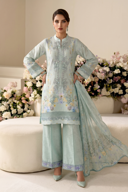 Aquamarine Embroidered Raw Silk Festive Suit Online in Dubai UAE Abudhabi Ajman Sharjah