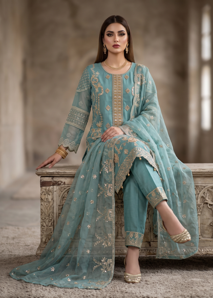 Aquamarine Organza Embroidered Festive Wear Suit Online in Dubai UAE Abudhabi Ajman Sharjah