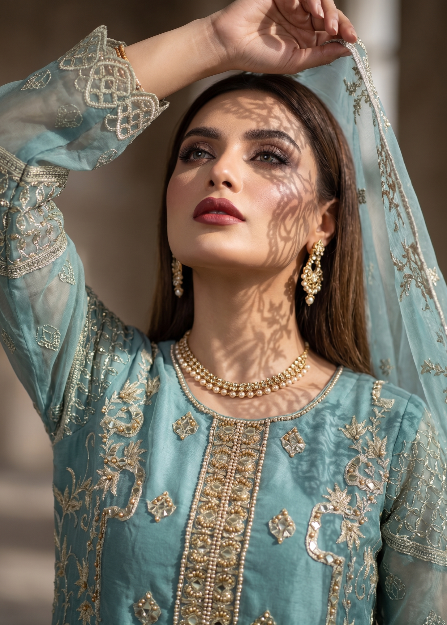 Aquamarine Organza Embroidered Pakistani Designer Suit Online in Dubai UAE Abudhabi Ajman Sharjah