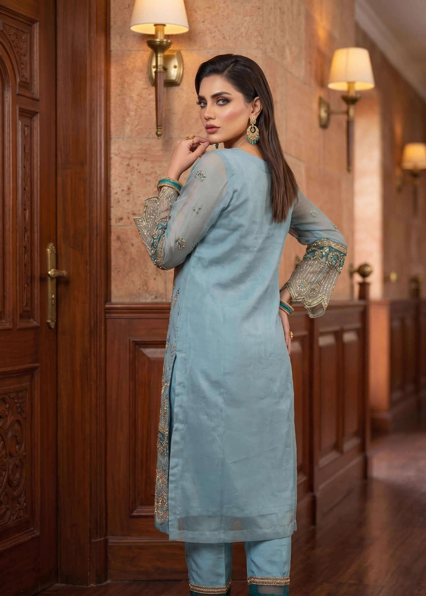 Aquamarine Organza Pakistani Suit with Straight Trouser Online in Dubai UAE Abudhabi Ajman Sharjah