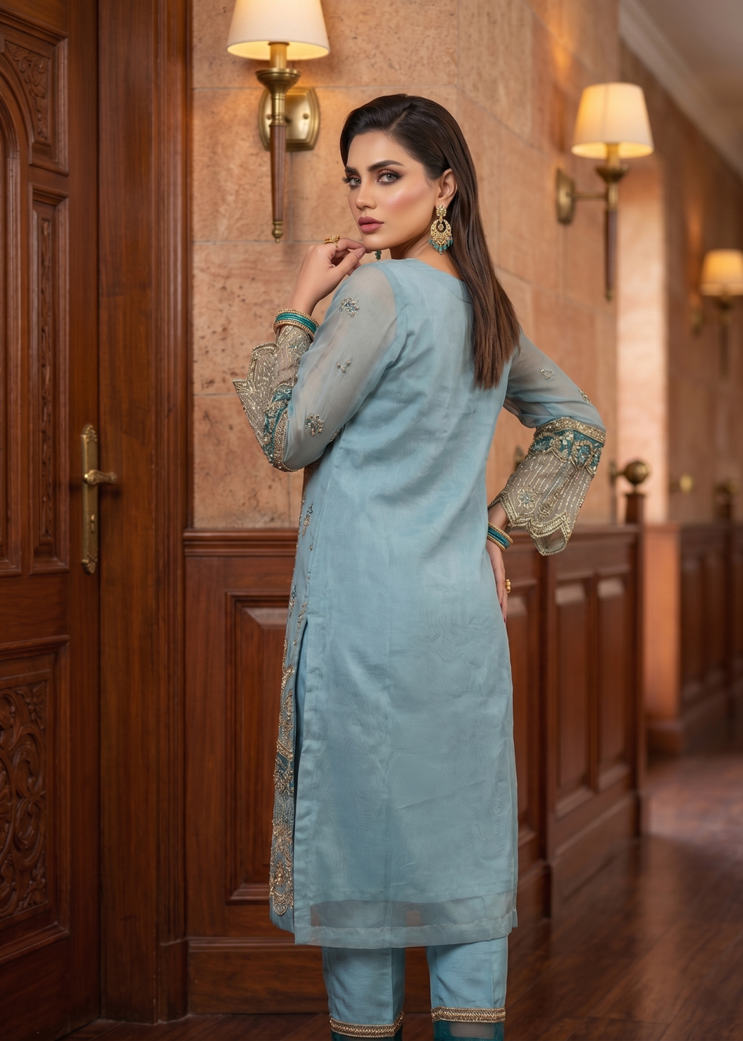 Aquamarine Organza Pakistani Suit with Straight Trouser Online in Dubai UAE Abudhabi Ajman Sharjah