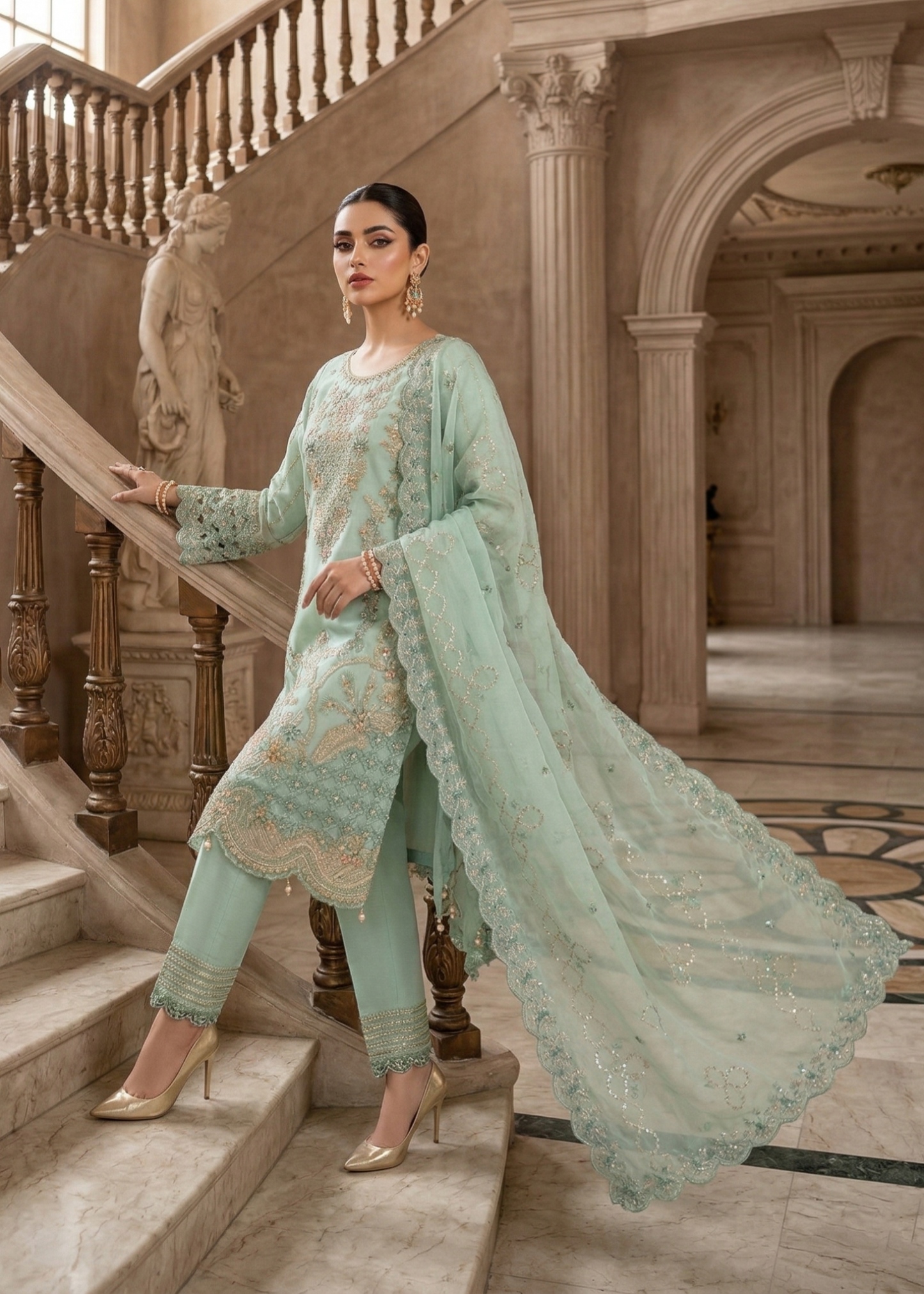 Aquamarine Organza Top Bottom Dupatta Set Online in Dubai UAE Abudhabi Ajman Sharjah