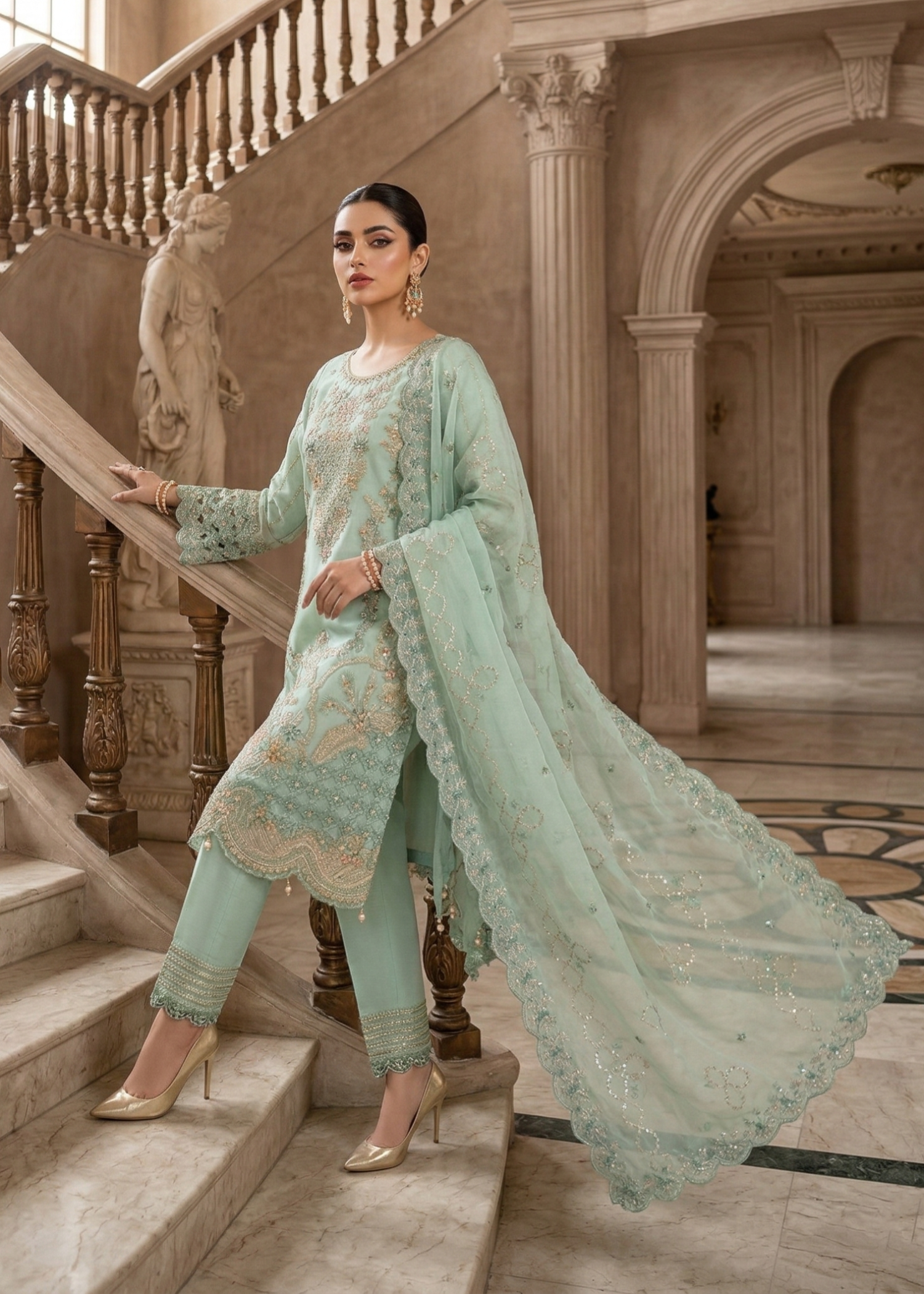 Aquamarine Organza Top Bottom Dupatta Set Online in Dubai UAE Abudhabi Ajman Sharjah