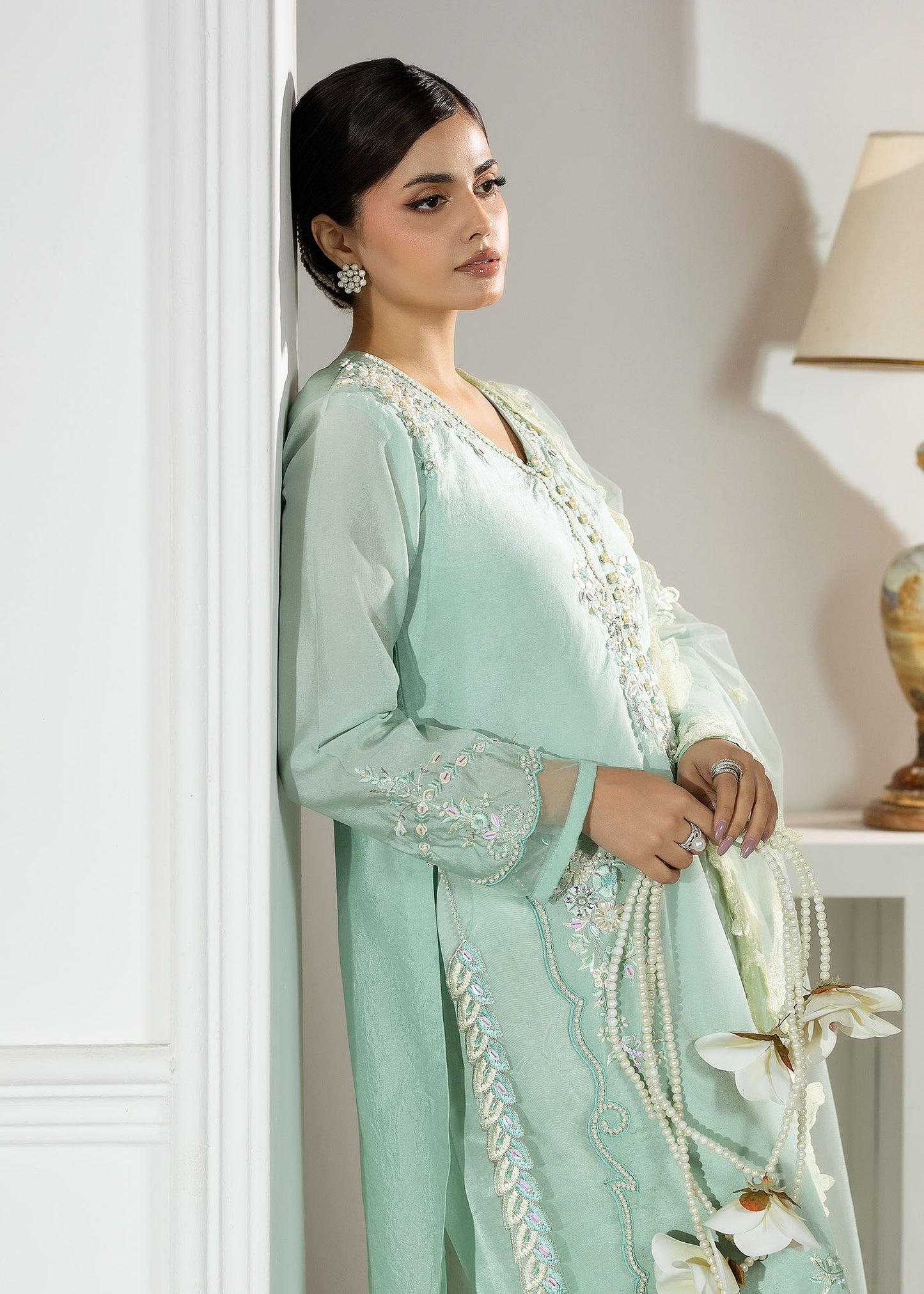 Aquamarine Silk Straight Cut Kurta with Net Dupatta Online in Dubai UAE Abudhabi Ajman Sharjah