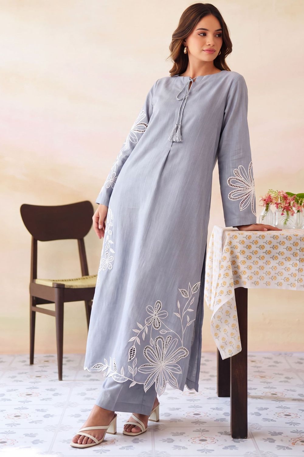 Ash Grey Embroidered Khaddar Kurta Set Online in Dubai UAE Abudhabi Ajman Sharjah