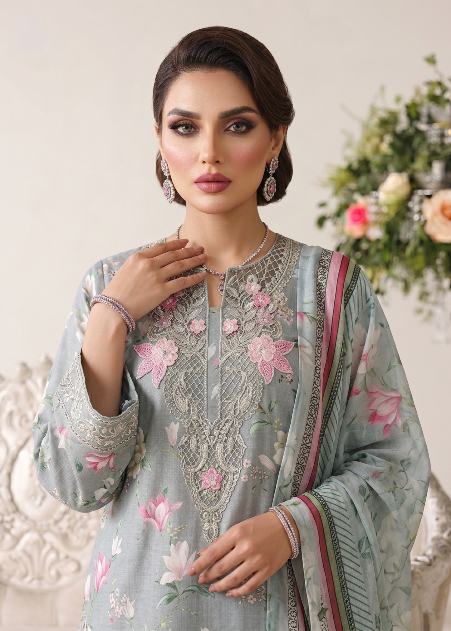 Ash Grey Embroidered Lawn Gharara Party Wear Online in Sri Lanka India Australia