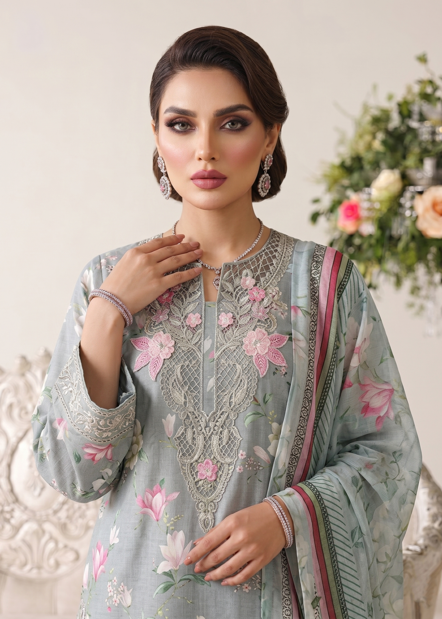 Ash Grey Embroidered Lawn Gharara Party Wear Online in Sri Lanka India Australia