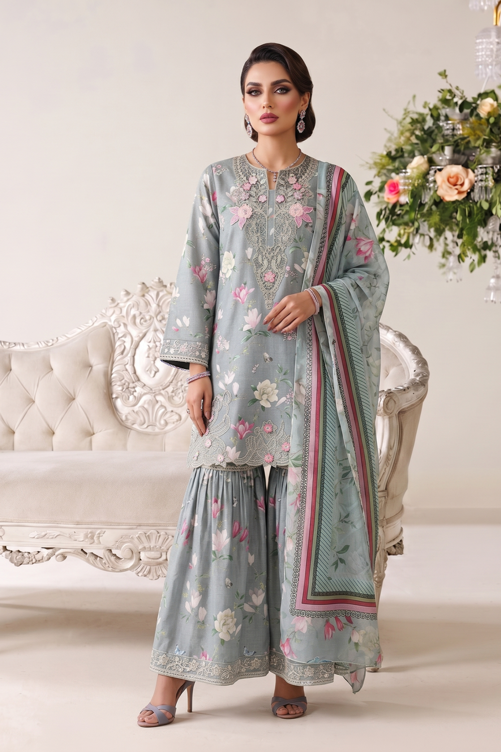 Ash Grey Embroidered Lawn Gharara Suit Online in Dubai UAE Abudhabi Ajman Sharjah
