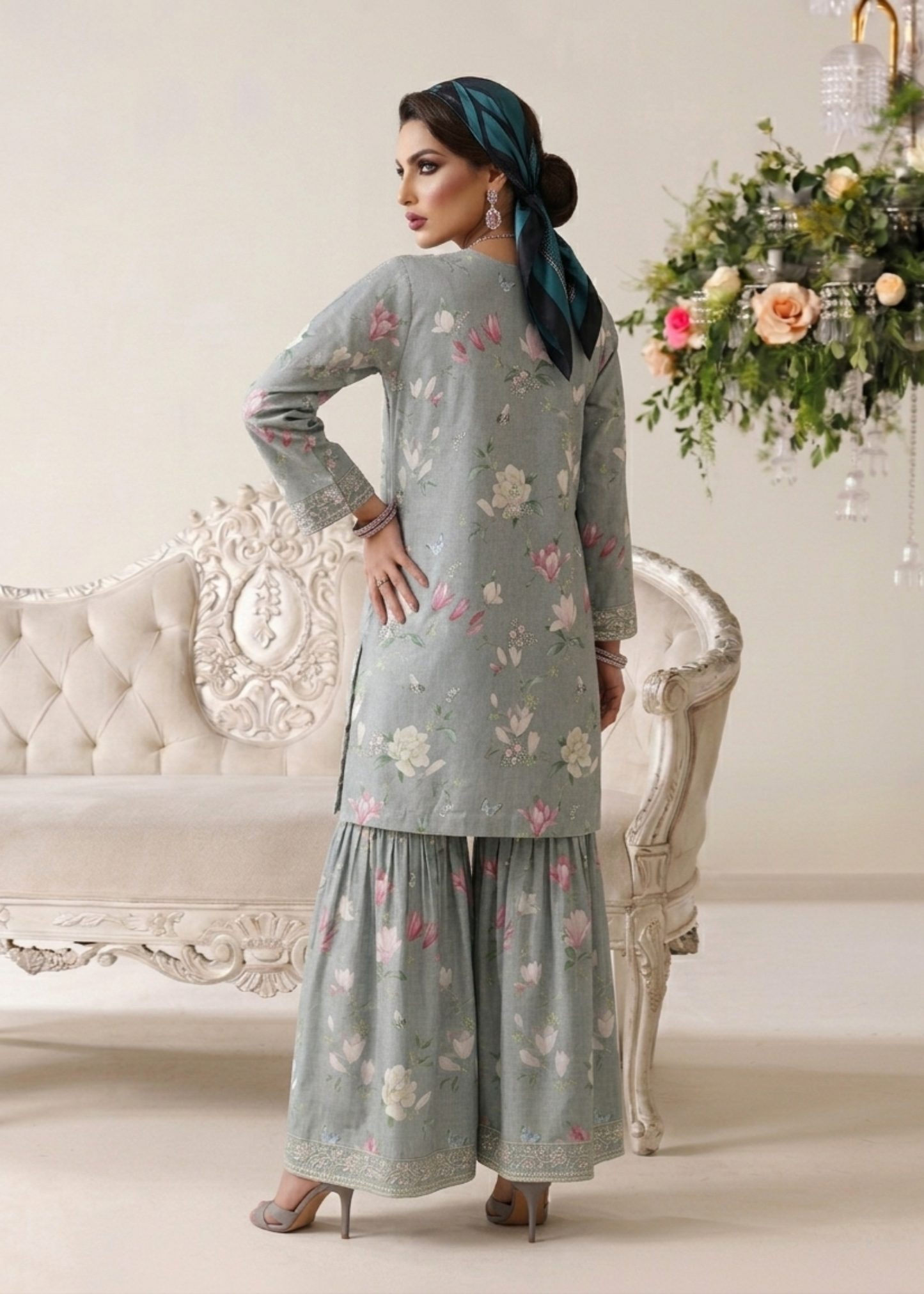 Ash Grey Embroidered Lawn Party Wear Gharara Online in Dubai UAE Abudhabi Ajman Sharjah