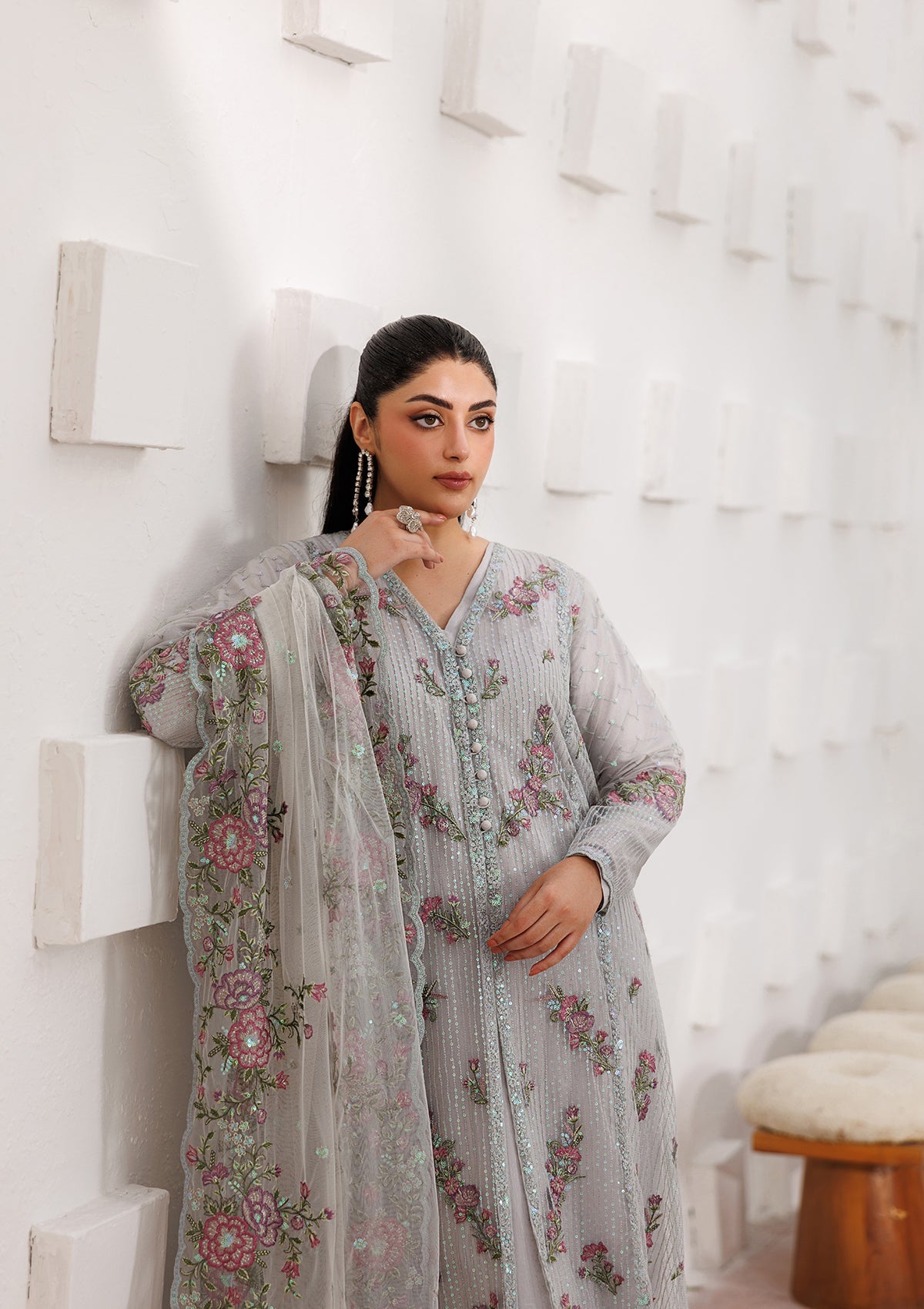 Ash Grey Embroidered Raw Silk Ladies Suit Online in UK USA Canada