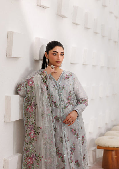 Ash Grey Embroidered Raw Silk Ladies Suit Online in UK USA Canada