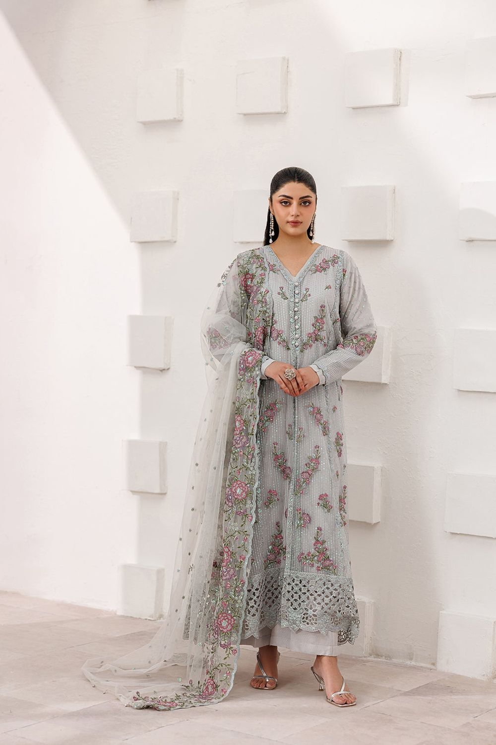 Ash Grey Embroidered Raw Silk Pakistani Suit Online in Dubai UAE Abudhabi Ajman Sharjah