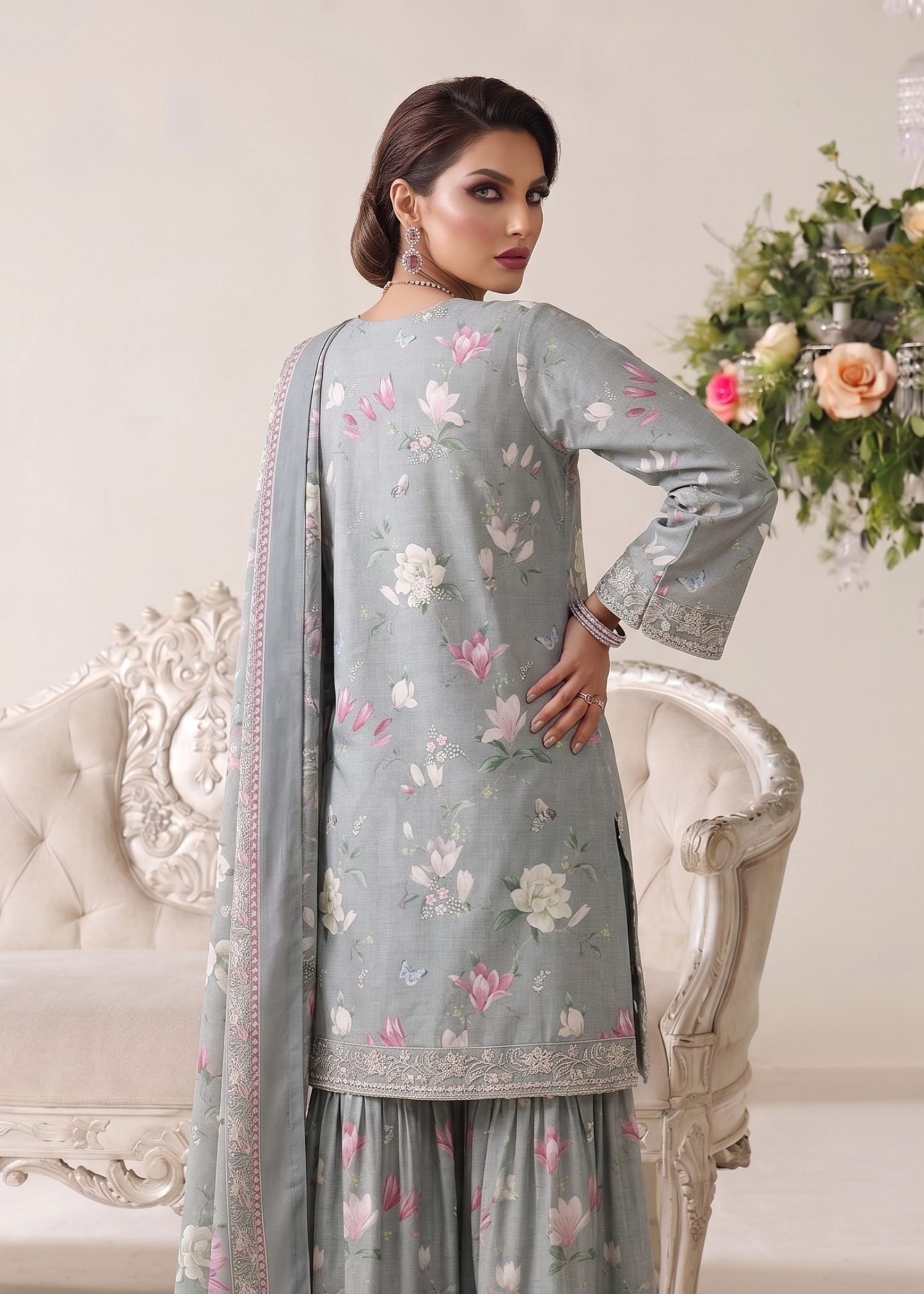 Ash Grey Lawn Embroidered Festive Wear Gharara Online in Dubai DXB UAE Abudhabi Meena Bazaar