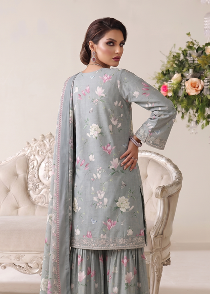Ash Grey Lawn Embroidered Festive Wear Gharara Online in Dubai DXB UAE Abudhabi Meena Bazaar