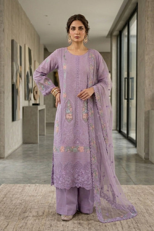 Ash Purple Embroidered Lawn Party Wear Suit Online in Dubai UAE Abudhabi Ajman Sharjah