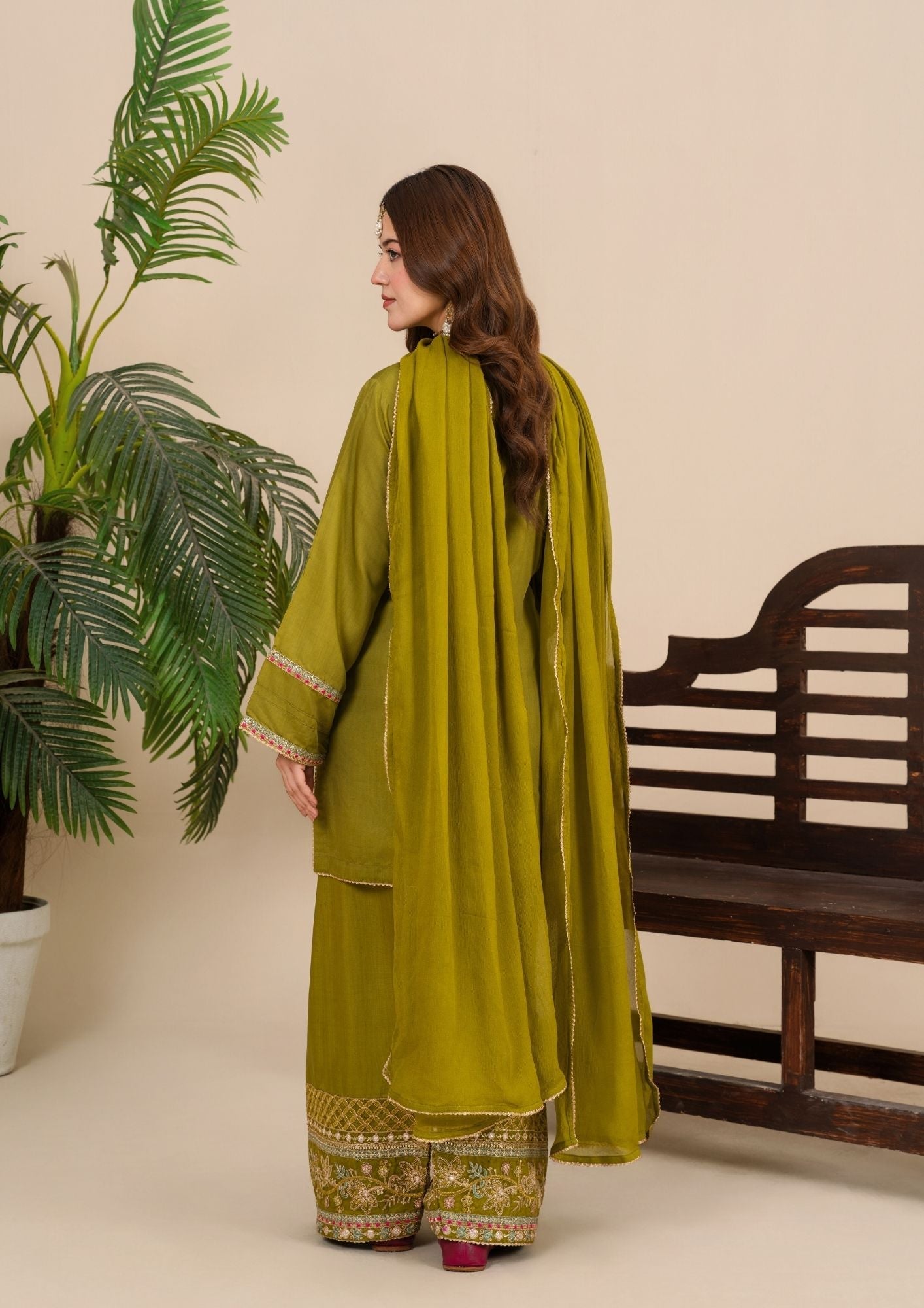 Avocado Green Embroidered Farshi Shalwar Party Wear Suit Online in KSA Riyadh Saudi Arabia Oman Bahrain Qatar