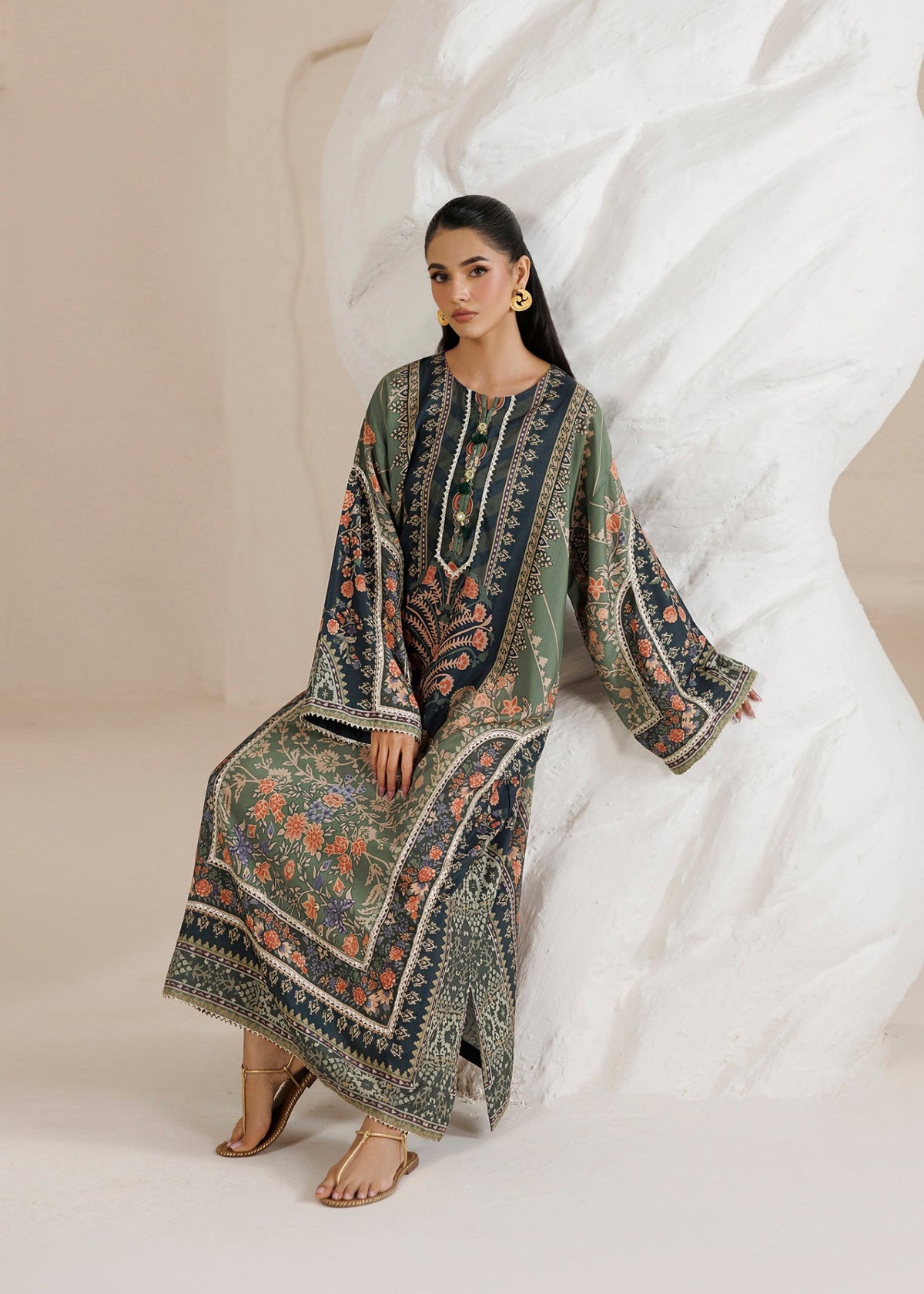 Avocado Green Embroidered Raw Silk Kaftan Gown Online in Dubai UAE Abudhabi Ajman Sharjah