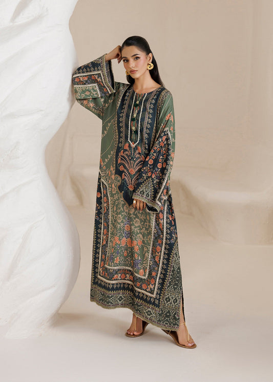 Avocado Green Embroidered Raw Silk Kaftan Gown Online in Sri Lanka India Australia
