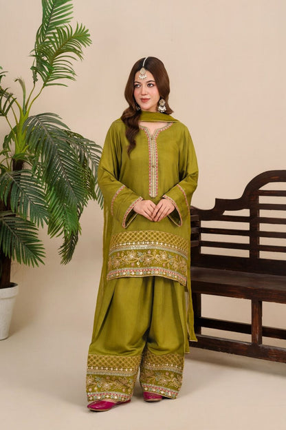 Avocado Green Embroidered Viscose Thai Silk Farshi Shalwar Suit Online in Dubai UAE Abudhabi Ajman Sharjah