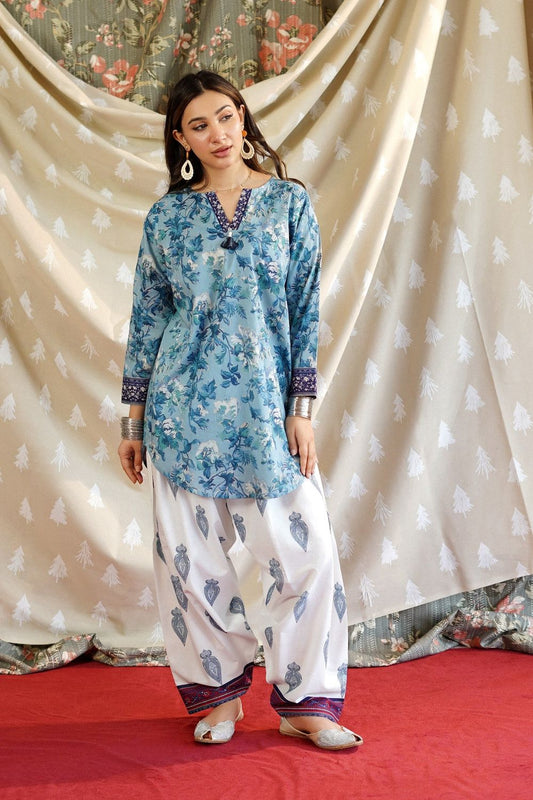 Azure Floral Print Lawn Kurta Set Online in Dubai UAE Abudhabi Ajman Sharjah