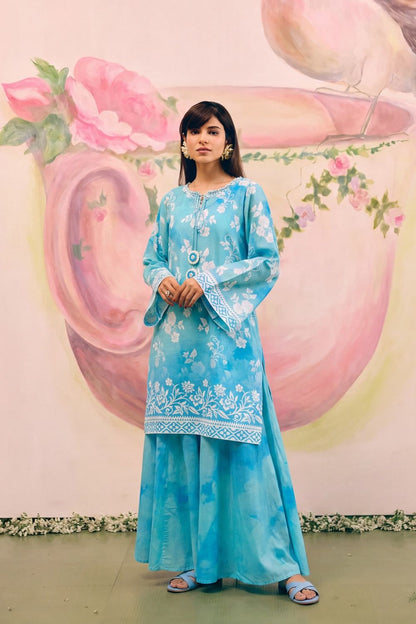 Baby Blue Embellished Lawn Sharara Kurti Online in Dubai UAE Abudhabi Ajman Sharjah