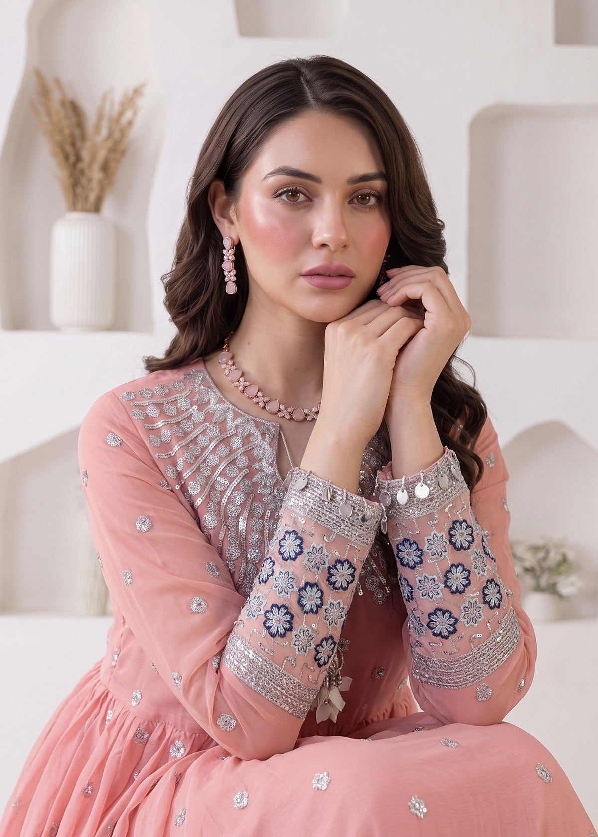 Baby Pink Chiffon Pishwas Designer Salwar Kameez Online in KSA Riyadh Saudi Arabia Oman Bahrain Qatar