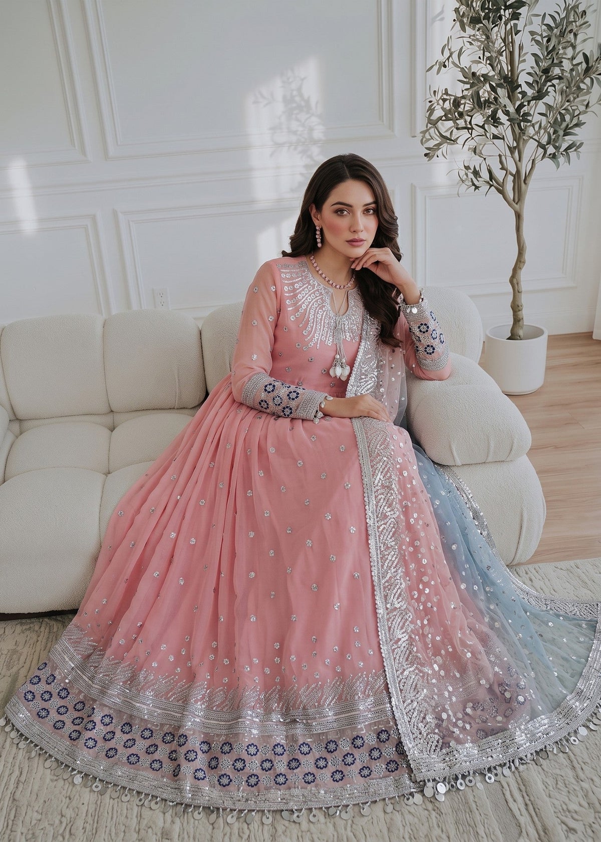 Baby Pink Chiffon Pishwas Ladies Partywear Suit Online in UK USA Canada