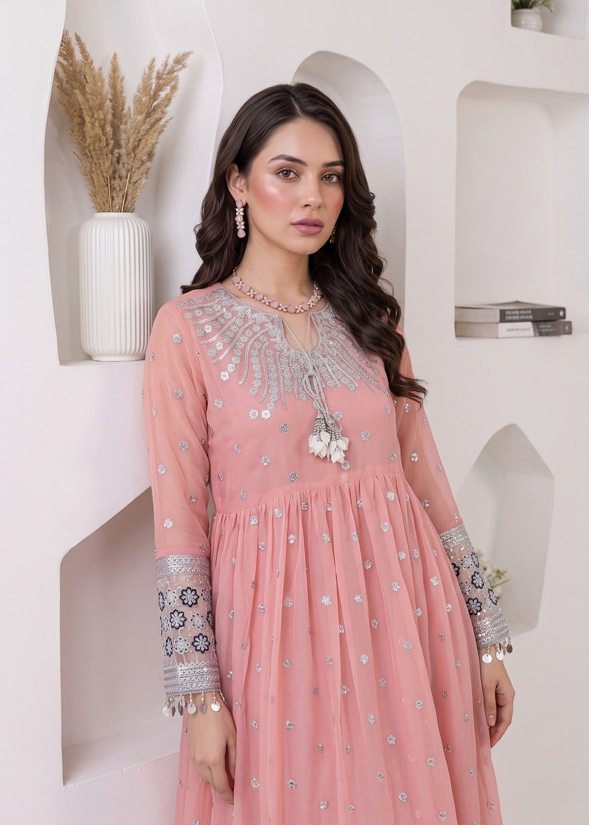 Baby Pink Chiffon Pishwas Pakistani Clothes Online in Sri Lanka India Australia