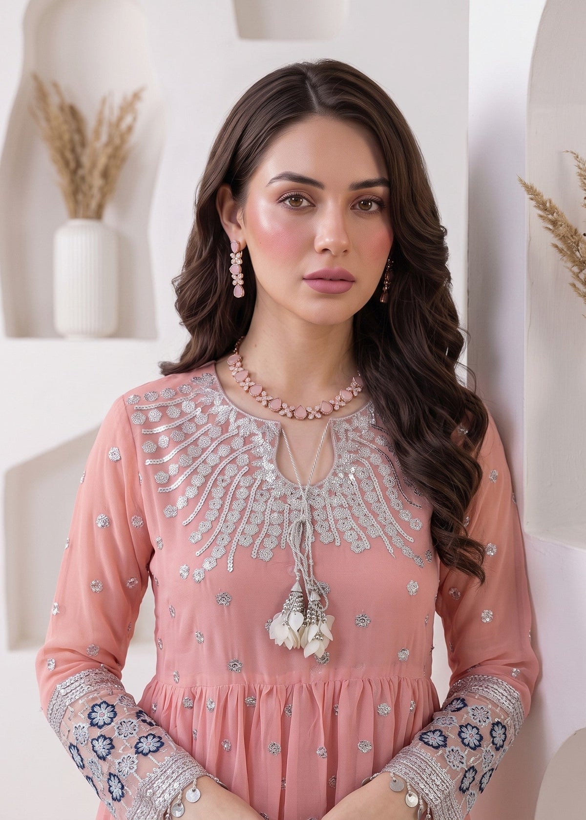 Baby Pink Embroidered Chiffon Pishwas Salwar Suit Online in KSA Riyadh Saudi Arabia Oman Bahrain Qatar